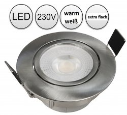 LED Einbaustrahler flach 230V 5W warmweiß silber gebürstet rund schwenkbar