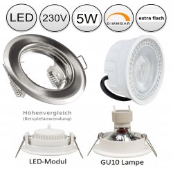 LED Einbaustrahler flach dimmbar 55mm Lochmaß 230V 5W Einbauleuchte silber gebürstet