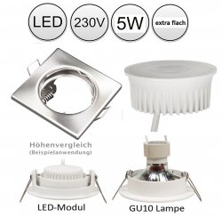 LED Einbaustrahler eckig flach 55mm Bohr Lochma 230V 5W Einbauleuchte Edelstahlgebrstet