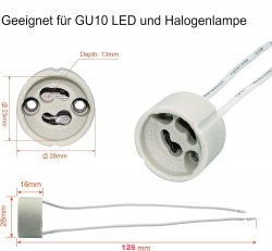 GU10 Fassung Standard 230V Sockel Halterung aus Keramik mit Anschlusskabel